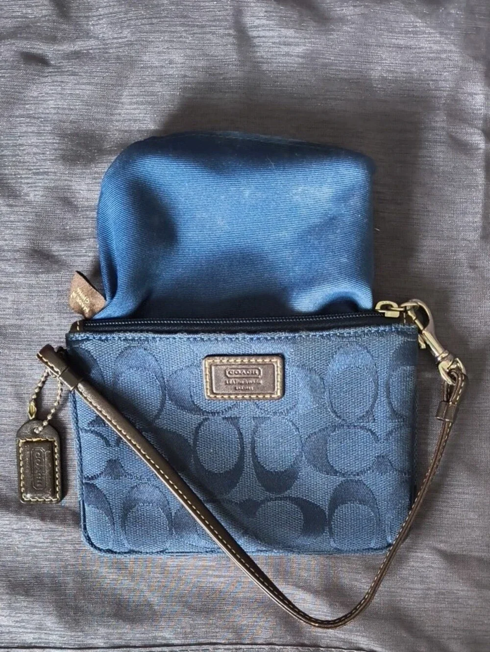 Coach Blue Signature Canvas Wristlet with Brown Leather Strap
